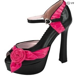 TUK Black Platform Peep-Toe Heels with Hot Pink Rosette and Ankle Strap Size 7